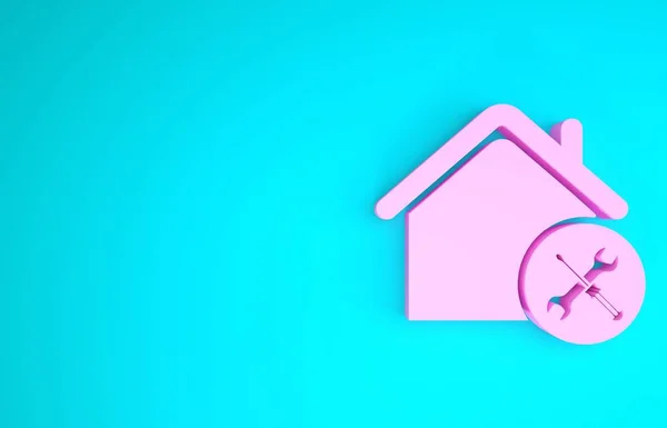 Rumah Pink atau rumah dengan obeng dan ikon kunci pas terisolasi di latar belakang biru. Penyesuaian, pelayanan, pengaturan, pemeliharaan, perbaikan, perbaikan. Konsep minimalisme. Tampilan 3D ilustrasi 3d — Stok Foto