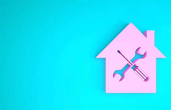 Rumah Pink atau rumah dengan obeng dan ikon kunci pas terisolasi di latar belakang biru. Penyesuaian, pelayanan, pengaturan, pemeliharaan, perbaikan, perbaikan. Konsep minimalisme. Tampilan 3D ilustrasi 3d — Stok Foto