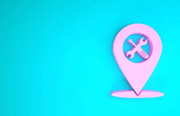 Pink Location with crossed screwdriver and wrench tools icon isolated on blue background. Pointer settings symbol. Minimalism concept. 3d illustration 3D render