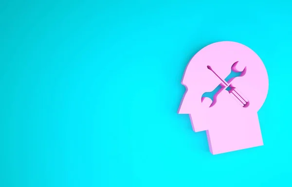 Cabeza humana rosa con destornillador e icono de llave inglesa aislado sobre fondo azul. Inteligencia artificial. Trabajo simbólico del cerebro. Concepto minimalista. 3D ilustración 3D render —  Fotos de Stock