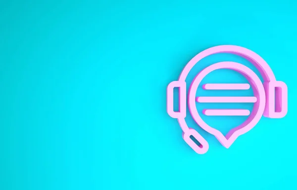 Auriculares rosados con el icono de la burbuja de voz de chat aislado sobre fondo azul. Servicio al cliente de soporte, línea directa, centro de llamadas, preguntas frecuentes, mantenimiento. Concepto minimalista. 3D ilustración 3D render — Foto de Stock