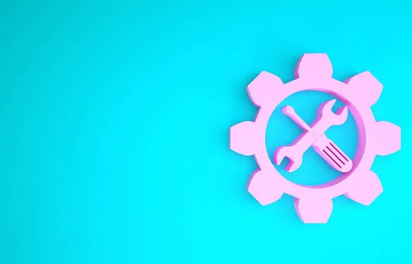 Różowy symbol konserwacji - klucz i śrubokręt w ikonie biegu izolowane na niebieskim tle. Symbol narzędzia serwisowego. Koncepcja minimalizmu. Ilustracja 3d — Zdjęcie stockowe