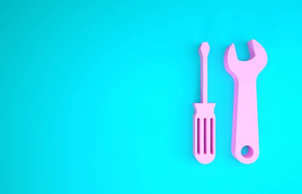 Obeng pink dan ikon perkakas kunci terisolasi dengan latar belakang biru. Simbol alat servis. Konsep minimalisme. Tampilan 3D ilustrasi 3d — Stok Foto