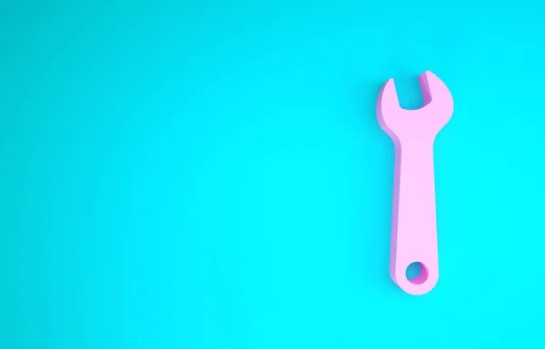 Εικόνα Pink Wrench που απομονώνεται σε μπλε φόντο. Εργαλείο επισκευής κλειδιών. Σύμβολο εργαλείου υπηρεσίας. Μινιμαλιστική έννοια. 3D απεικόνιση 3d καθιστούν — Φωτογραφία Αρχείου