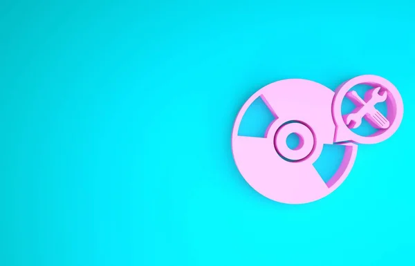 Disco de CD ou DVD rosa com chave de fenda e ícone de chave de fenda isolado no fundo azul. Ajuste, serviço, configuração, manutenção, reparação, fixação. Conceito de minimalismo. 3D ilustração 3D render — Fotografia de Stock