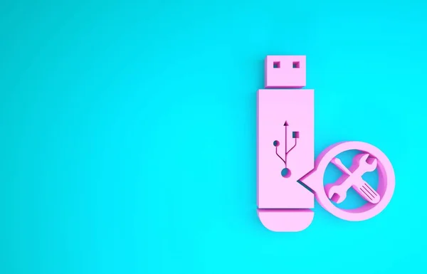 Pink Usb flash drive met schroevendraaier en moersleutel pictogram geïsoleerd op blauwe achtergrond. Aanpassen, service, instelling, onderhoud, reparatie, vaststelling. Minimalisme concept. 3d illustratie 3d renderen — Stockfoto