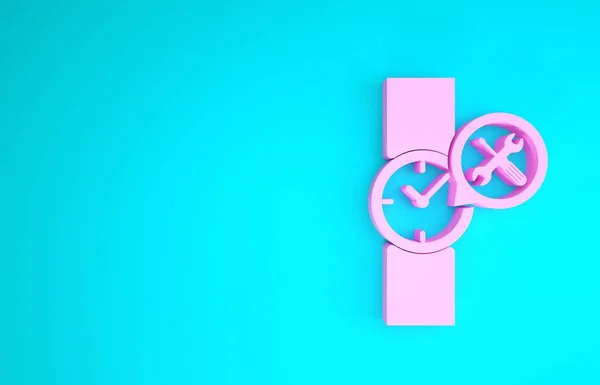 Розовые наручные часы с отвёрткой и иконкой гаечного ключа изолированы на синем фоне. Регулировка, обслуживание, настройка, обслуживание, ремонт, фиксация. Концепция минимализма. 3D-рендеринг — стоковое фото