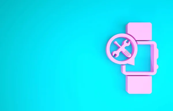 Rosa Smartwatch mit Schraubenzieher und Schraubenschlüssel-Symbol isoliert auf blauem Hintergrund. Anpassung, Service, Einstellung, Wartung, Reparatur, Reparatur. Minimalismus-Konzept. 3D Illustration 3D Renderer — Stockfoto