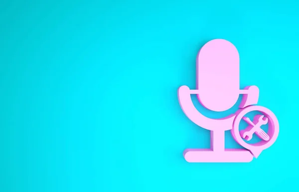 Micrófono rosa con destornillador e icono de llave inglesa aislado sobre fondo azul. Ajuste, servicio, ajuste, mantenimiento, reparación, fijación. Concepto minimalista. 3D ilustración 3D render — Foto de Stock