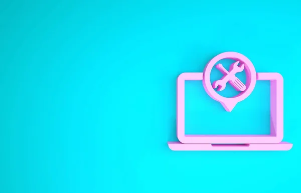 Pink Laptop with screwdriver and wrench icon isolated on blue background. Adjusting, service, setting, maintenance, repair, fixing. Minimalism concept. 3d illustration 3D render