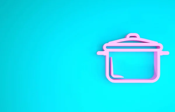 Różowy Gotowanie pot ikona izolowane na niebieskim tle. Gotować lub dusić symbol żywności. Koncepcja minimalizmu. Ilustracja 3D 3D renderowania — Zdjęcie stockowe