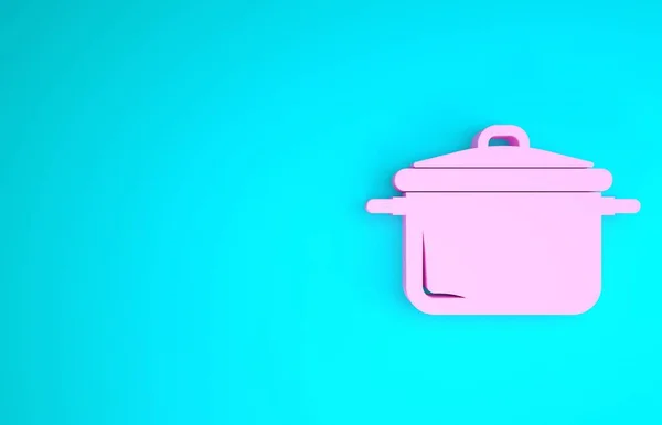 Icône de casserole rose isolée sur fond bleu. Faire bouillir ou ragoût symbole de la nourriture. Concept de minimalisme. Illustration 3D rendu 3D — Photo