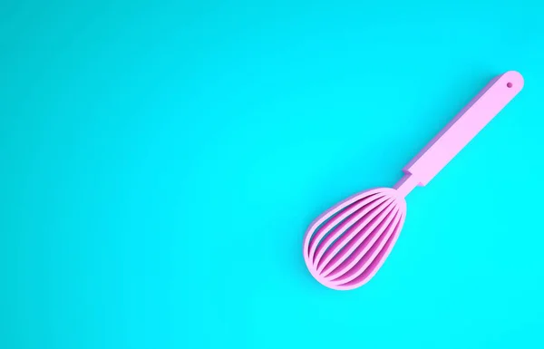 Icono de batidor de cocina rosa aislado sobre fondo azul. Utensil de cocina, batidor de huevos. Signo de cubertería. Comida mezcla símbolo. Concepto minimalista. 3D ilustración 3D render — Foto de Stock