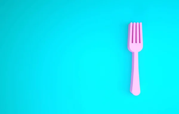 Icono de tenedor rosa aislado sobre fondo azul. Símbolo de cubertería. Concepto minimalista. 3D ilustración 3D render — Foto de Stock