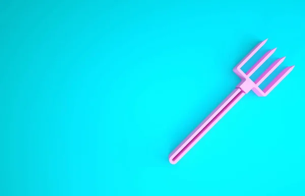 Pink Garden pitchfork εικονίδιο απομονώνονται σε μπλε φόντο. Σημάδι από πιρούνι. Εργαλείο για κηπουρική, γεωργία, γεωργία. Μινιμαλιστική έννοια. 3d απεικόνιση 3D καθιστούν — Φωτογραφία Αρχείου