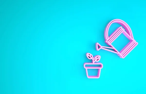 Pink Watering μπορεί να ψεκάζει σταγόνες νερού πάνω από το φυτό σε δοχείο εικονίδιο απομονώνονται σε μπλε φόντο. Σύμβολο άρδευσης. Μινιμαλιστική έννοια. 3D απεικόνιση 3d καθιστούν — Φωτογραφία Αρχείου