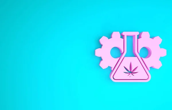 Różowa probówka chemiczna z ikoną marihuany lub liścia marihuany wyizolowana na niebieskim tle. Koncepcja badań. Koncepcja oleju laboratoryjnego Cbd. Koncepcja minimalizmu. Ilustracja 3d — Zdjęcie stockowe