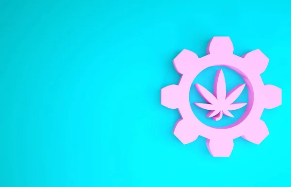 Tubo de teste químico rosa com ícone de folha de maconha ou cannabis isolado em fundo azul. Conceito de pesquisa. Conceito de óleo CBD de laboratório. Conceito de minimalismo. 3D ilustração 3D render — Fotografia de Stock
