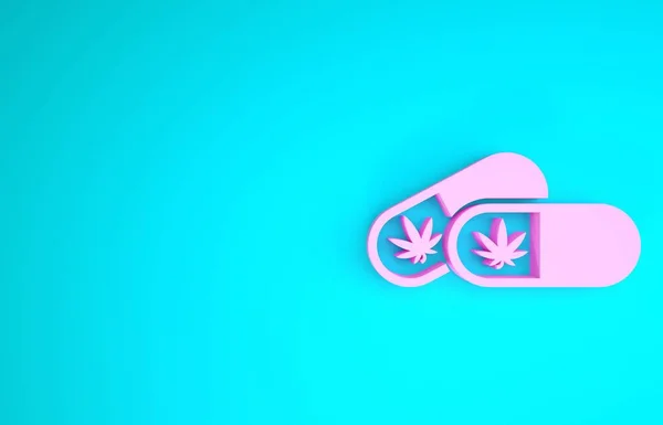 粉色药丸与大麻或大麻叶图标分离蓝色背景。 在罐子里调味大麻油提取物. 最低纲领的概念。 3d说明3d — 图库照片