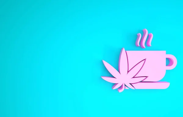 Té Pink Cup con marihuana o icono de hoja de cannabis aislado sobre fondo azul. Legalización de la marihuana. Un símbolo de cáñamo. Concepto minimalista. 3D ilustración 3D render — Foto de Stock