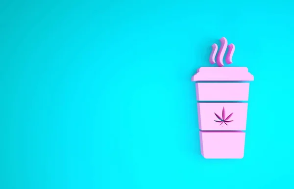 Caffè Pink Cup con icona di marijuana o foglie di cannabis isolata su sfondo blu. Legalizzazione della marijuana. Simbolo di canapa. Concetto minimalista. Illustrazione 3d rendering 3D — Foto Stock