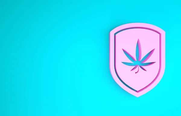 Różowa Tarcza i marihuana lub ikona liści marihuany odizolowane na niebieskim tle. Legalizacja marihuany. Symbol konopi. Koncepcja minimalizmu. Ilustracja 3d — Zdjęcie stockowe