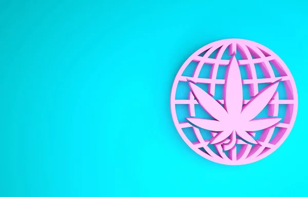 Pink Laillistaa marihuanan tai kannabiksen maapallo symboli kuvaketta eristetty sinisellä pohjalla. Hamppusymboli. Minimalismin käsite. 3d kuva 3D renderöinti — kuvapankkivalokuva