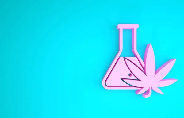 Pink Chemical provetta con marijuana o icona foglia di cannabis isolato su sfondo blu. Concetto di ricerca. Concetto di olio di CBD di laboratorio. Concetto minimalista. Illustrazione 3d rendering 3D — Foto Stock