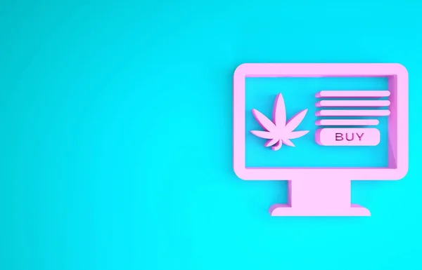 Rosafarbener Computermonitor und medizinisches Marihuana oder Cannabisblatt-Symbol auf blauem Hintergrund. Online-Kauf-Symbol. Supermarktkorb. Minimalismus-Konzept. 3D Illustration 3D Renderer — Stockfoto