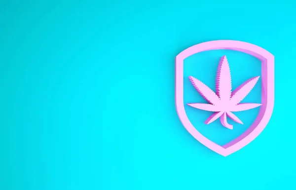 Escudo rosa y marihuana o icono de la hoja de cannabis aislado sobre fondo azul. Legalización de la marihuana. Un símbolo de cáñamo. Concepto minimalista. 3D ilustración 3D render —  Fotos de Stock