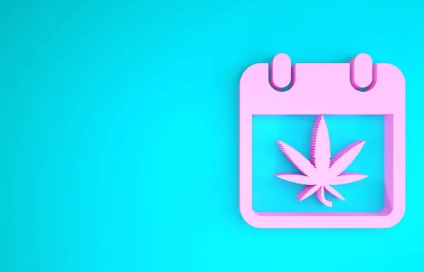 粉红色日历和大麻或大麻叶图标分离的蓝色背景。 全国杂草日。 大麻的符号。 最低纲领的概念。 3d说明3d — 图库照片