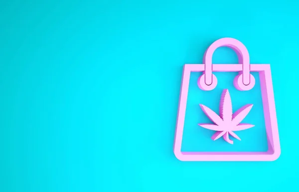 Rózsaszín bevásárló papírzacskó orvosi marihuána vagy cannabis levél ikon elszigetelt kék alapon. Kannabiszt veszek. Kenderszimbólum. Minimalizmus koncepció. 3d illusztráció 3d render — Stock Fotó