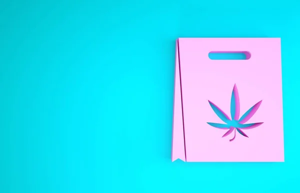 Pink Shopping bolsa de papel de marihuana medicinal o icono de hoja de cannabis aislado sobre fondo azul. Comprar cannabis. Un símbolo de cáñamo. Concepto minimalista. 3D ilustración 3D render — Foto de Stock