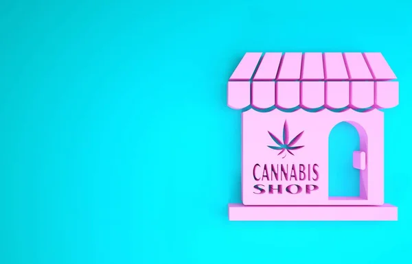 Icono de la tienda de marihuana rosa y cannabis aislado sobre fondo azul. Equipos y accesorios para fumar, almacenar cannabis medicinal. Concepto minimalista. 3D ilustración 3D render — Foto de Stock