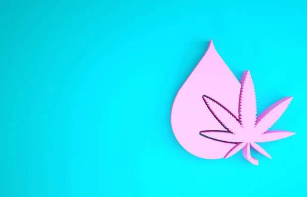 Rosa marijuana medica o foglia di cannabis icona goccia di olio d'oliva isolato su sfondo blu. Estratto di cannabis. Simbolo di canapa. Concetto minimalista. Illustrazione 3d rendering 3D — Foto Stock