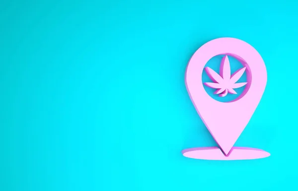 Pink Map pointer and marijuana or cannabis leaf icon isolated on blue background. Hemp symbol. Minimalism concept. 3d illustration 3D render