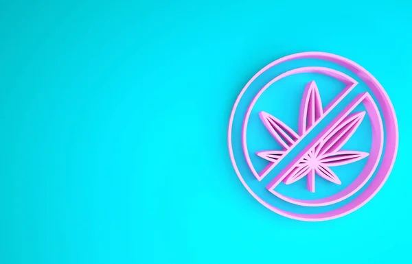 Pink Stop marijuana ou ícone de folha de cannabis isolado no fundo azul. Nada de fumar marijuana. Símbolo de cânhamo. Conceito de minimalismo. 3D ilustração 3D render — Fotografia de Stock