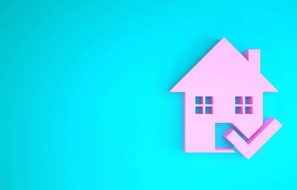 Pink House dengan ikon tanda centang terisolasi pada latar belakang biru. Agen real estate atau kelas elit kota cottage. Konsep minimalisme. Tampilan 3D ilustrasi 3d — Stok Foto