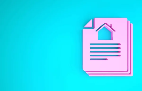 Pink House contract icon isolated on blue background. Contract creation service, document formation, application form composition. Minimalism concept. 3d illustration 3D render