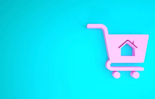 Carrito de compras rosa con icono de la casa aislado sobre fondo azul. Comprar concepto de casa. Concepto de préstamo hipotecario, alquiler, compra de una propiedad. Concepto minimalista. 3D ilustración 3D render — Foto de Stock