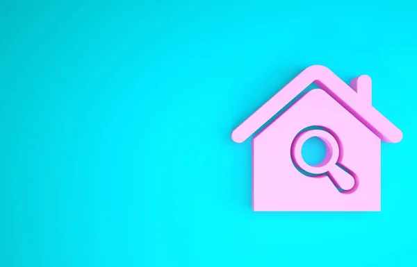 Rosa Sök hus ikonen isolerad på blå bakgrund. Fastighetssymbol för ett hus under förstoringsglas. Minimalistiskt koncept. 3D-återgivning för 3D — Stockfoto
