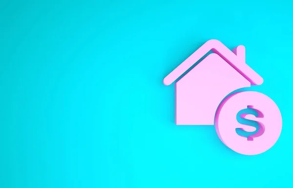 Casa Rosa con símbolo del dólar icono aislado sobre fondo azul. Hogar y dinero. Concepto inmobiliario. Concepto minimalista. 3D ilustración 3D render — Foto de Stock
