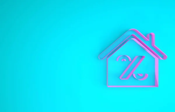 Pink House dengan ikon label diskon persen terisolasi di latar belakang biru. Persentase rumah menunjukkan harga. Rumah real estate. Simbol persentase kredit. Konsep minimalisme. Tampilan 3D ilustrasi 3d — Stok Foto