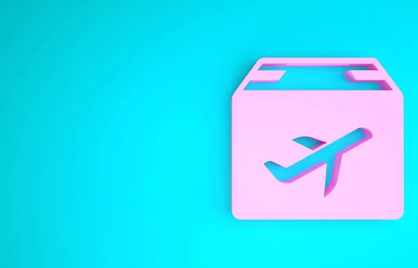 Pink Plane and cardboard box icon isolated on blue background. Delivery, transportation. Cargo delivery by air. Airplane with parcels, boxes. Minimalism concept. 3d illustration 3D render