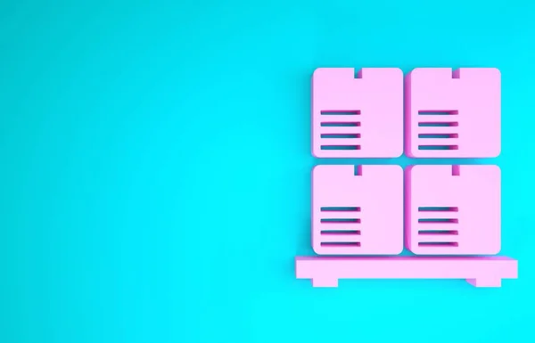 Pink Cardboard boxes on pallet icon isolated on blue background. Closed carton delivery packaging box with fragile signs. Minimalism concept. 3d illustration 3D render