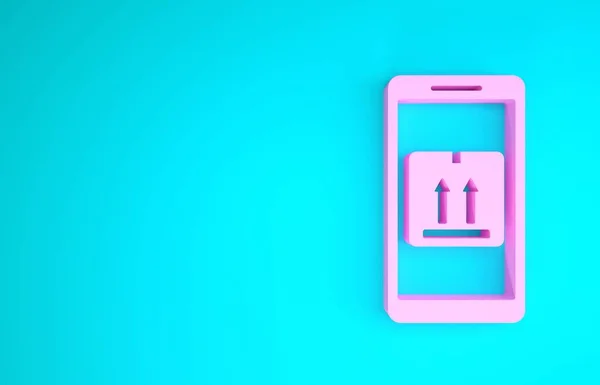 アプリの配信追跡アイコンが青の背景に隔離されたピンクのモバイルスマートフォン。小包追跡最小限の概念。3Dイラスト3Dレンダリング — ストック写真