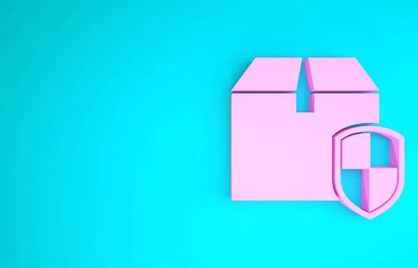 Pink Delivery pack beveiligingssymbool met schild pictogram geïsoleerd op blauwe achtergrond. Leveringsverzekering. Verzekerde kartonnen dozen achter het schild. Minimalisme concept. 3d illustratie 3d renderen — Stockfoto