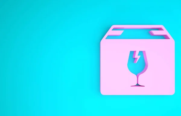 Scatola di consegna rosa con fragile simbolo di contenuto di icona di vetro rotto isolato su sfondo blu. Scatola, pacco, cartello del pacco. Concetto minimalista. Illustrazione 3d rendering 3D — Foto Stock