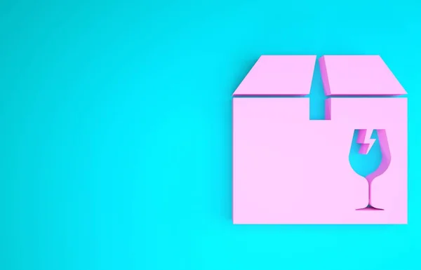 粉色包装盒,装有易碎玻璃图标的易碎内容符号,隔离在蓝色背景下. 盒子，包裹，包裹签名。 最低纲领的概念。 3d说明3d — 图库照片