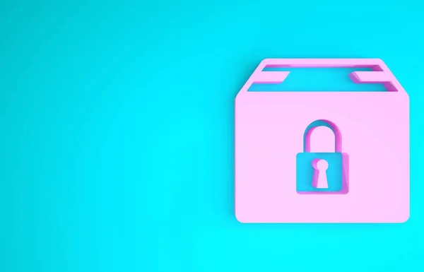 Icona del pacchetto Pink Locked isolata su sfondo blu. Serratura e scatola di cartone. Concetto minimalista. Illustrazione 3d rendering 3D — Foto Stock